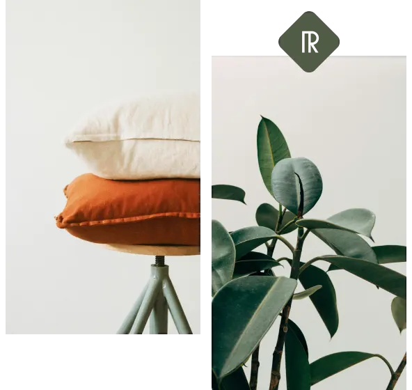 Lifestyle shots of plants and stool with logo above